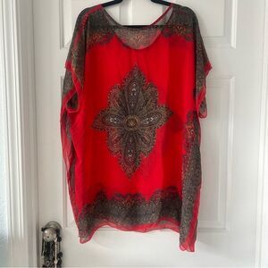 100% Silk Kaftan Poncho Swimsuit Coverup Red Medallion Design